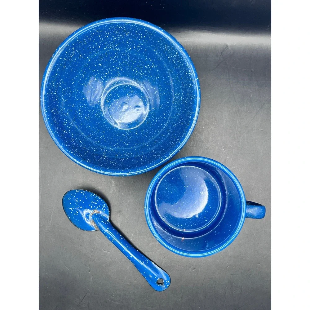 VTG Blue Granite Cup And Bowl‎ Set Primitive, Farmhouse, Rustic, Camping